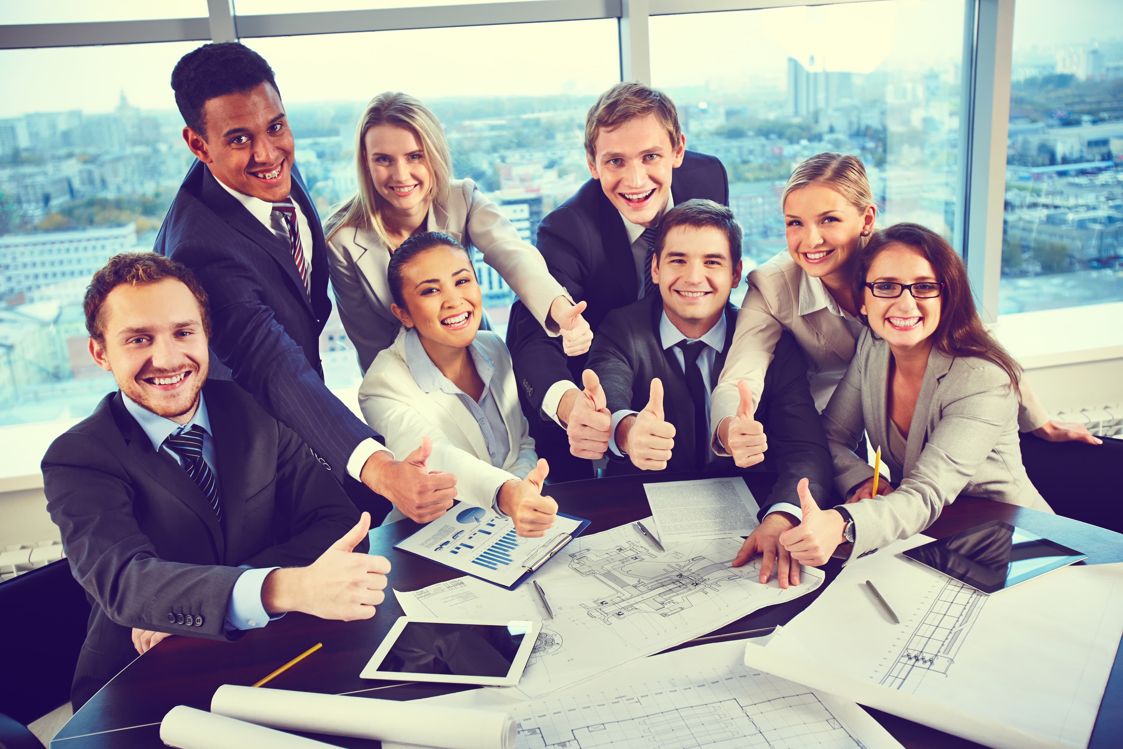 A team of professionals collaborating in a modern office